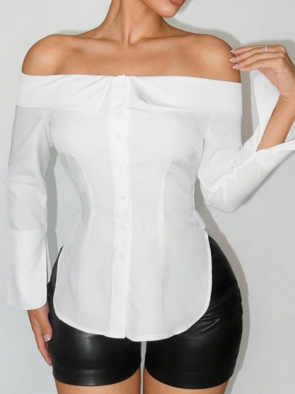 White Casual Elegant Sexy Off-Shoulder Fitted Women's Blouse With Split Hem